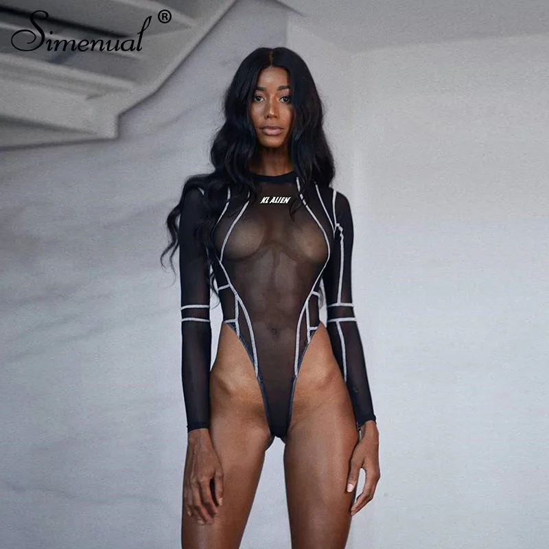 

Simenual Sexy Hot Transparent Bodycon Bodysuits Black Mesh Long Sleeve Jumpsuit Letter Print Striped Casual Women Bodysuit 2019