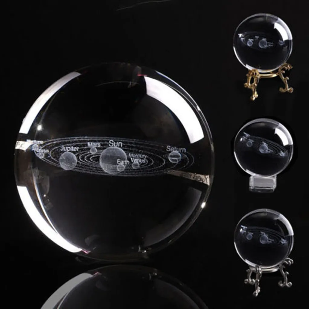 

3D Solar System crystal ball Engraved Solar System Miniature Planets Model Crystal engraving ball 8cm light base new 409