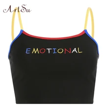 Арцу уличная мода красочные вышивка письмо черный короткий топ топики Boho Спагетти ремень Топ камзол для женщин ASVE20434