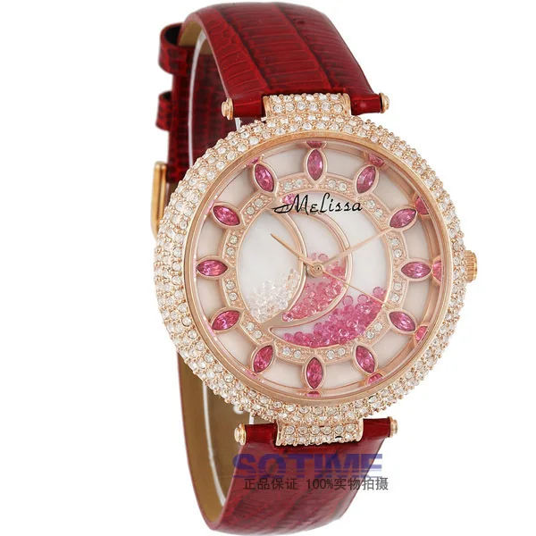 

MELISSA Shining Crystals Dress Watches Women Real Leather Dress Wrist watch Personalized Moon Dial Relogio Quartz Montre femme