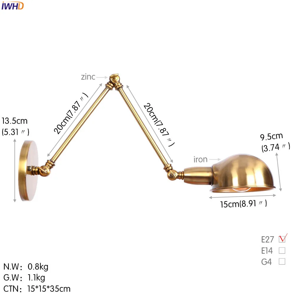 IWHD деревенском стиле ретро светодиодный Винтаж настенный светильник Ванная комната Спальня промышленные распашные длинные руки Ретро