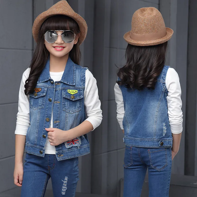 Girls Casual Retro Trend Denim Vests Waistcoats Autumn Girl Printed