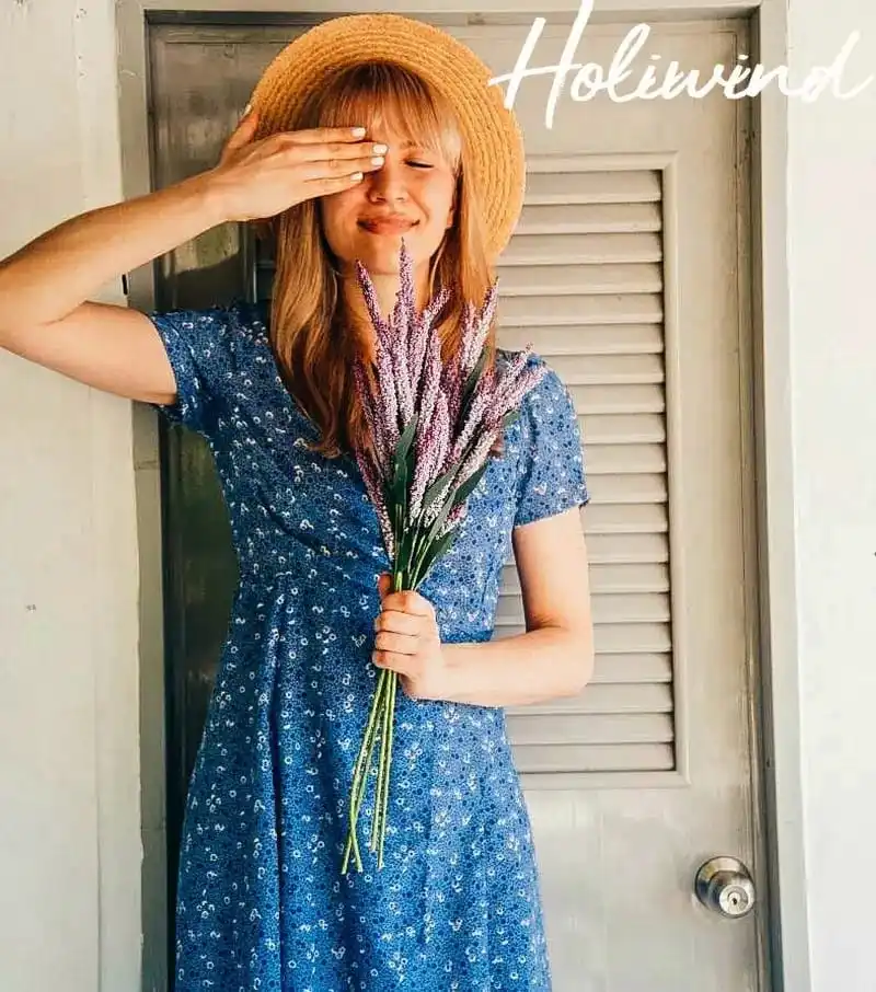 2019 Spring Summer Women Purple Floral Dress V-neck Short Sleeves Vintage Split Long robe femme | Женская одежда