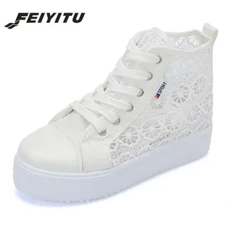 

FeiYiTu 2018 New Lace Canvas Shoes White High Platform Sneakers Women Casual Shoes Hollow Floral Print Breathable Platform Woman