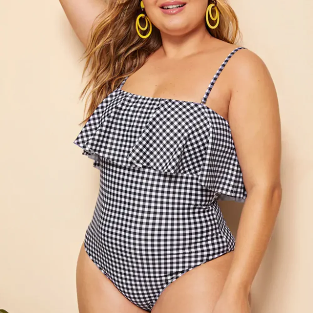 

Plus Size One Piece Swimwear Plaid Ruflle Off Shoulder Swimsuit Women.large Sizes Monokini Retro Bathing Suit Push Up Swimsuits