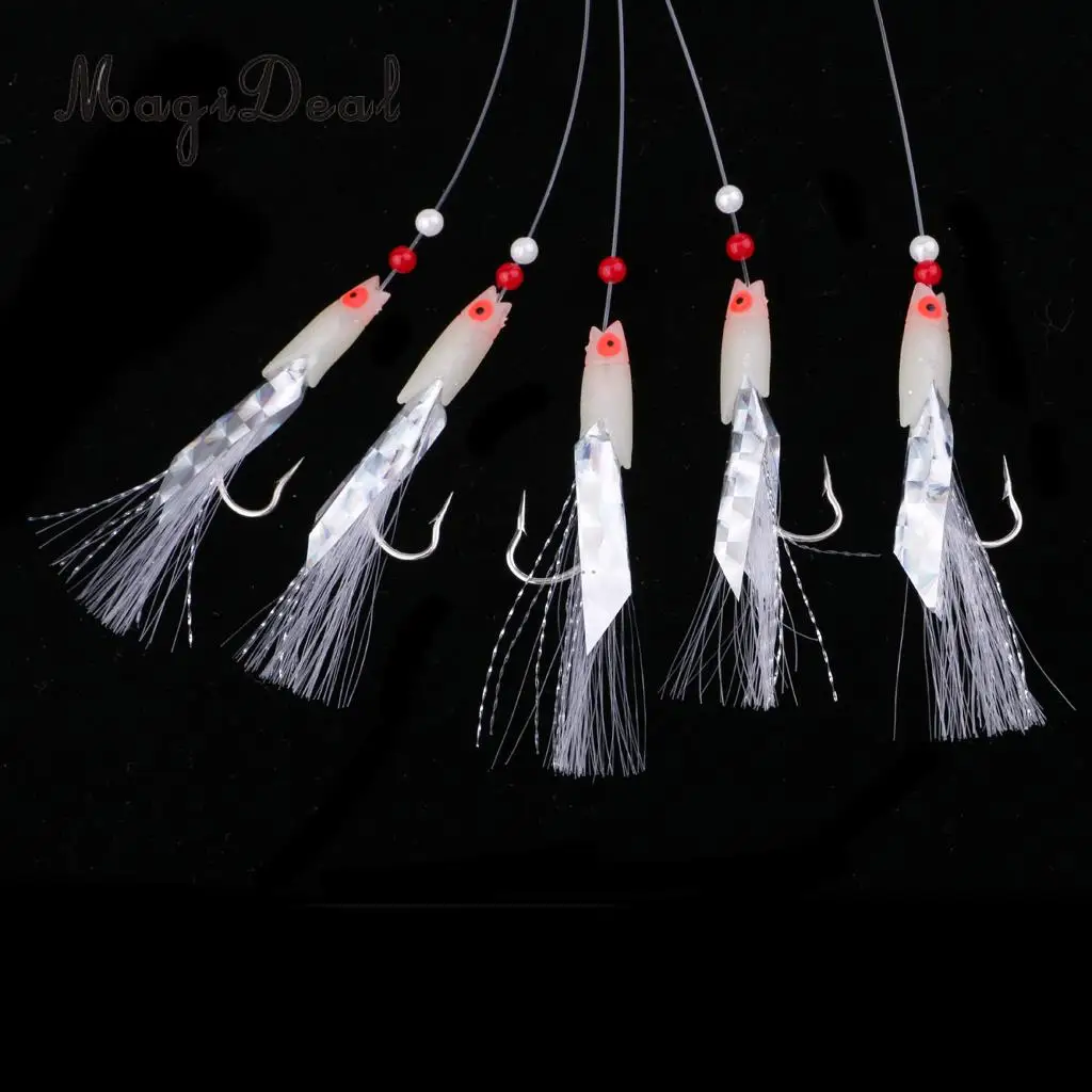 Saltwater Sea Fishing Rig Lures Fish Skin Flasher Sabiki Rig Crankbait with Luminous Bead and Hook 1/0