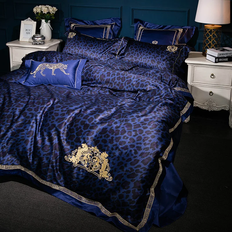 - 467Pcs High TC Egypt Cotton Leopard glamour Luxury Bedding Set Embroidery Duvet cover set Bed Sheet Pillowcase Queen King Size