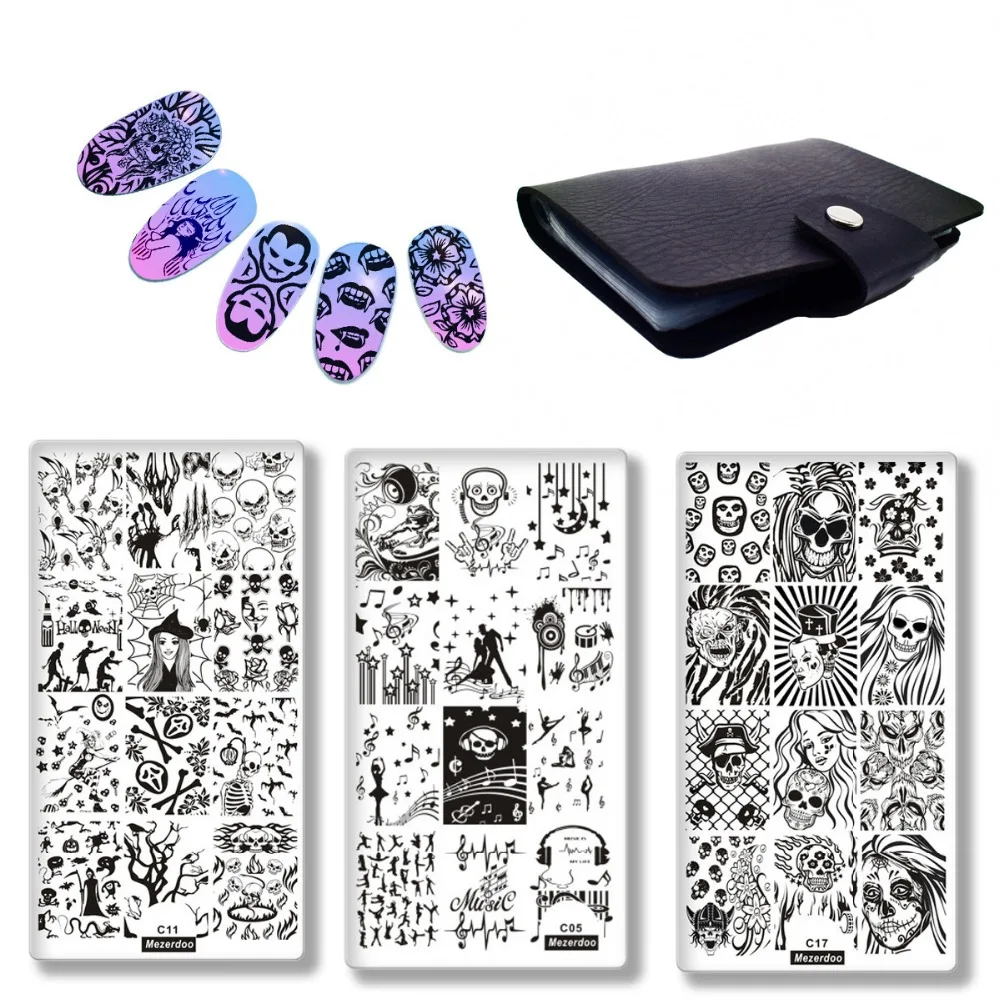 4Pcs/Set Horror Skull Skeleton Manicure Tools Nail Art Template Stencils Decorations Nails Stamping Plate Organizer Case Storage