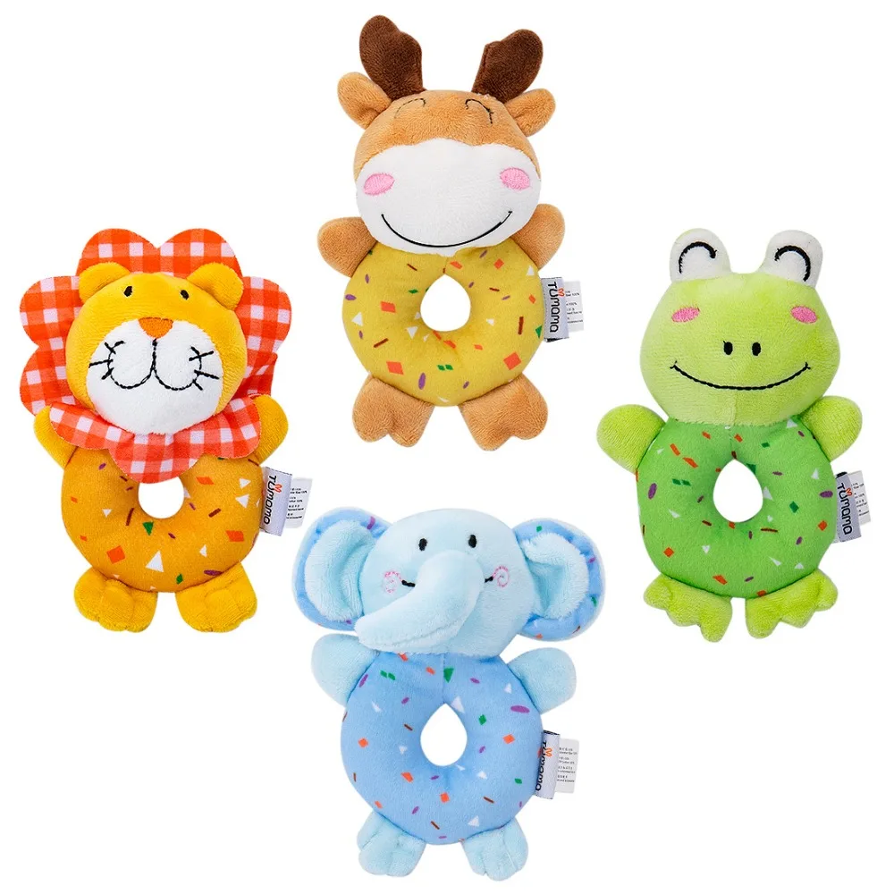 4pcs/set Baby Plush Rattle Cartoon Deer Lion Ring Bell Hand Grasp Toys Mobile Infant Crib Dolls Musical Toy Kid Educational Toy 