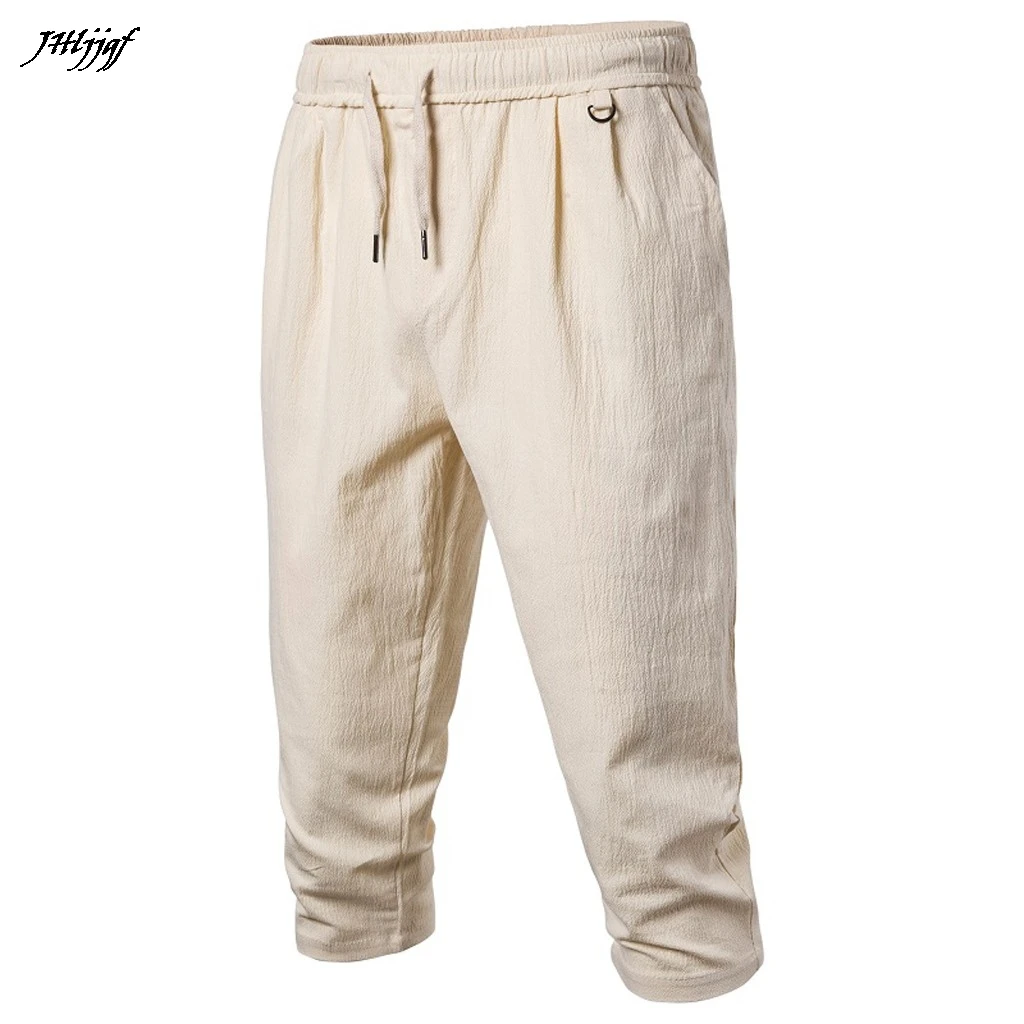 Крутые летние мужские шорты,, льняные однотонные повседневные мужские шорты, пляжные шорты с эластичной резинкой на талии, Классические шорты-Карго