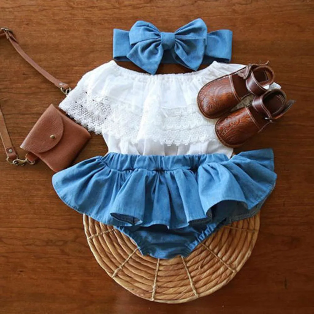 Baby Girls Clothes 2019 Summer New Kid Clothing Newborn Girl Outfit Lace Ruffled Top+Demin Shorts Dress+Headband Colthing | Детская