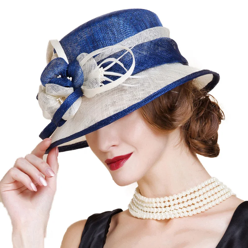 Sombrero de boda de Sinamay británico para mujer Iglesia Flor de ala ancha azul blanco Lino Fedora elegante 2018 mujeres Kentucky Derby H - 5