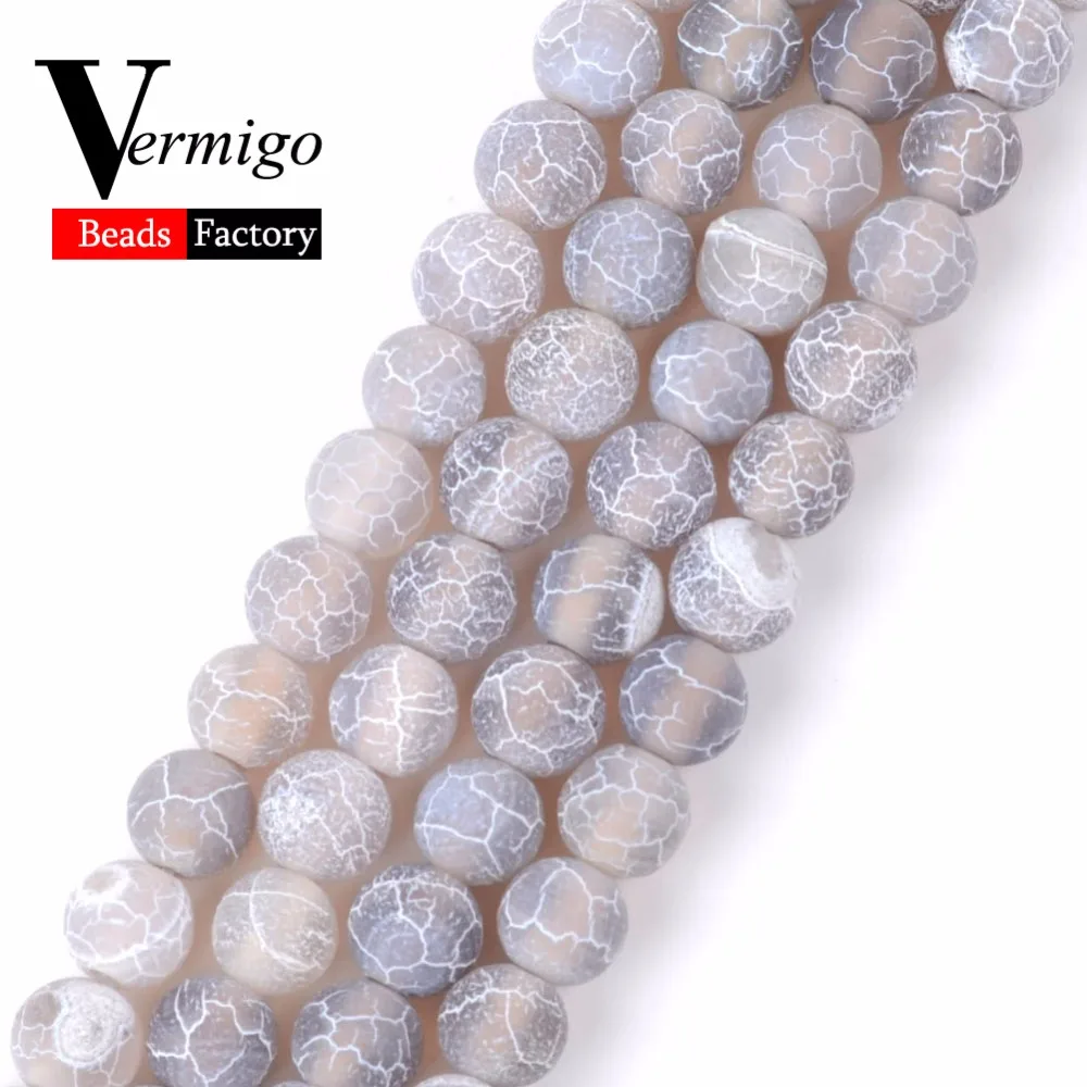 

Free Shipping Gray Frost Cracked Agates Beads Natural Stone Round Loose Beads For Jewelry Making 4mm-12mm Diy Bracelet 15"Strand