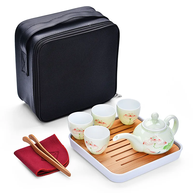 Outdoor Travel Tea Pot Set Hand painted Celadon Portable Kung Fu Teapot