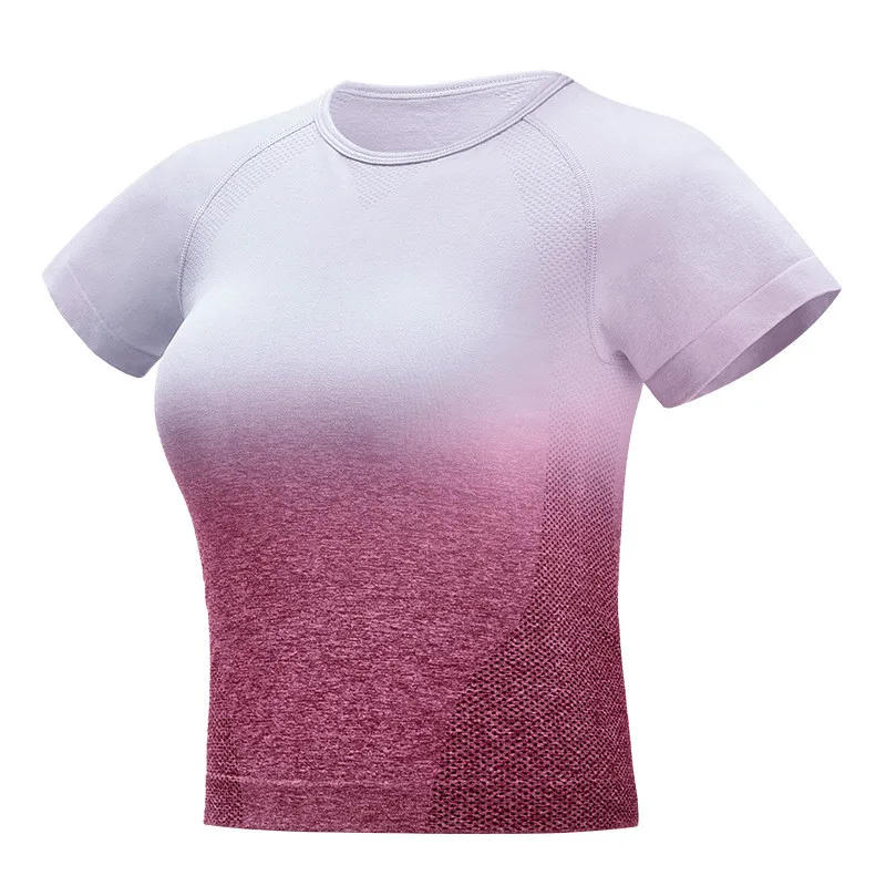 Цветные градиентные спортивные женские рубашки с коротким рукавом, облегающие топы с круглым вырезом для фитнеса, тренажерного зала, быстросохнущие бесшовные спортивные футболки - Цвет: Red Gradient