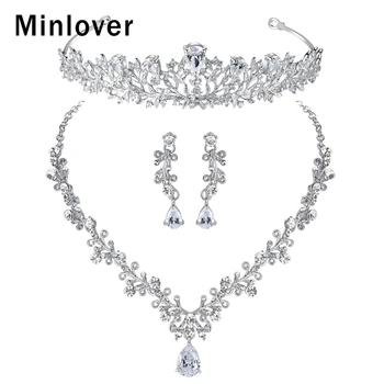 

Minlover Luxury CZ Bridal Jewelry Sets Leaf Shape Crystal Wedding Necklace Earrings Tiara Sets Jewelry Engagement TL486+HG126