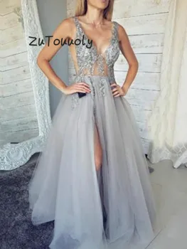 

Sexy Deep V Neck Tulle Evening Dress A Line Plus Size Applique Long Backless Prom Gowns With Slit Stylish Women Wear Party Dress