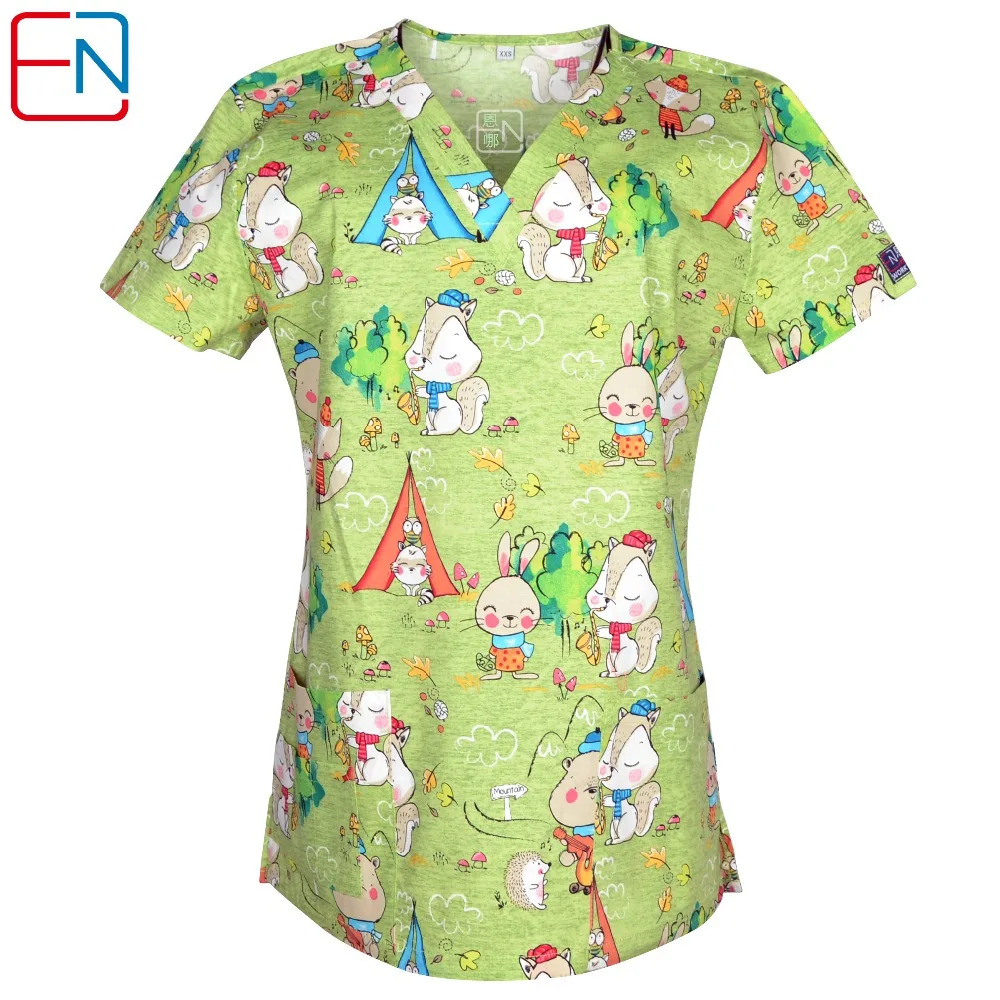 Hennar stretchy material medical scrub uniform with V neck short sleeve ...