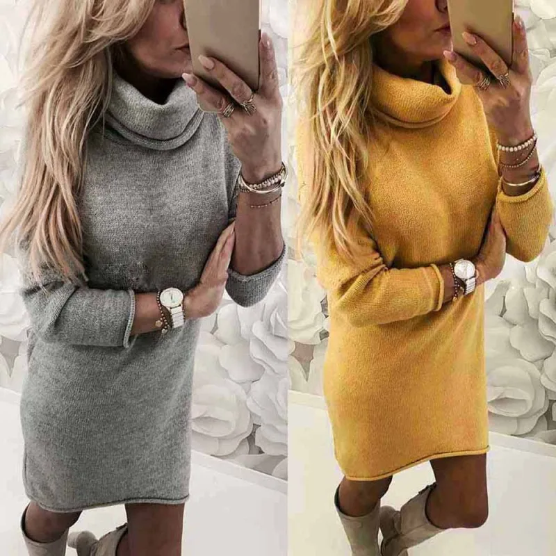 

2018 Fashion lady's sweater Solid Turtleneck Sweater Long Casual Long Sleeve Pullove Dress turtleneck sueteres vestido gola alta