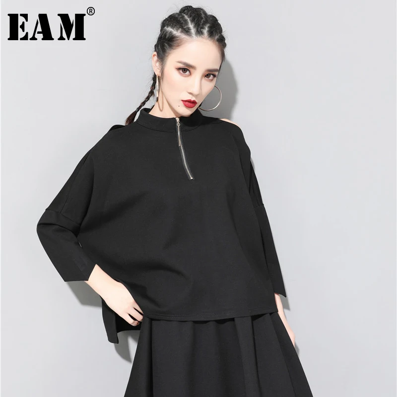 

[EAM] 2019 New Autumn Winter Stand Collar Off Shouler Long Sleeve Black Zipper Big Size T-shirt Women Fashion Tide JR074