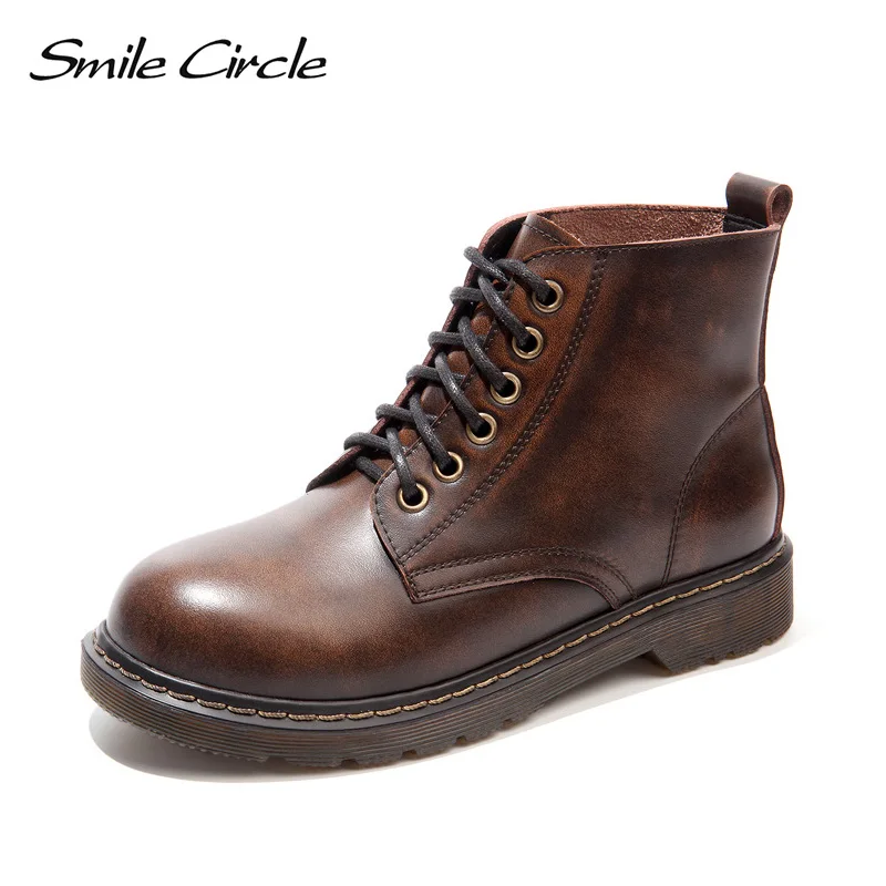 Smile Circle ankle boots for women Genuine leather Work shoes 2018 Autumn boots Lace up Short ...