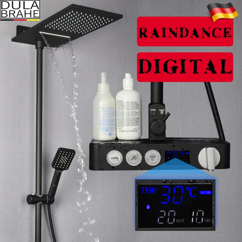 Bathroom Rain Shower Set Thermostat Bath Shower Faucet Valve Black Shower System Panel Brass Rainfall Waterfall Shower Head