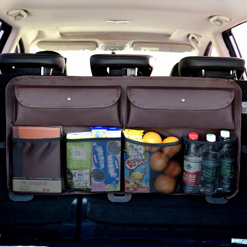 Tanie Skórzane tylne siedzenie samochodu przechowywanie z tyłu torby Multi wiszące siatki kieszeń bagażnik Case Organizer Auto układanie Tidying wyposażenie wnętrz