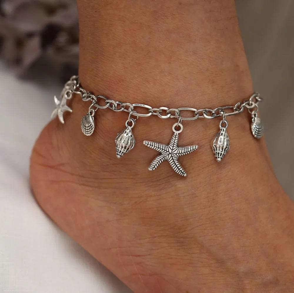 

2019 New Boho Turtle Pendant Anklets For Women Shell Conch Star Silver Anklet Bracelets On The Leg Bohemian Foot Ocean Jewelry