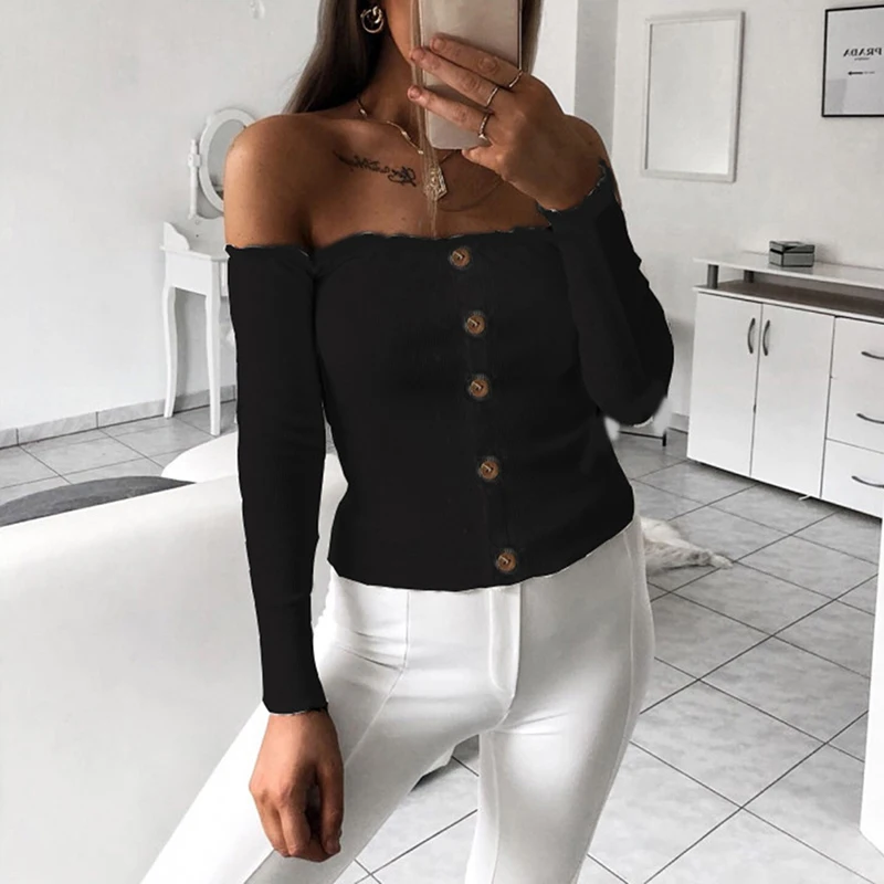 Women Casual Off Shoulder Button Pullover Blouses Trendy Clothes Solid Color Long Sleeve Cotton Shirts