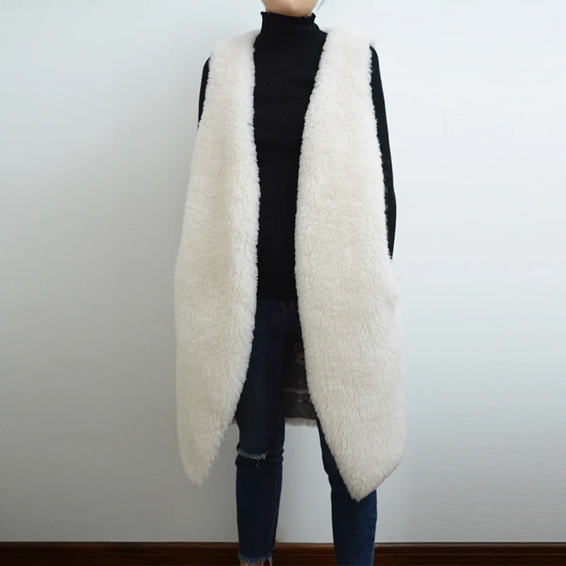 

Autumn Winter 100% Wool Waistcoat Women White Fur Vest Long Style rf0144