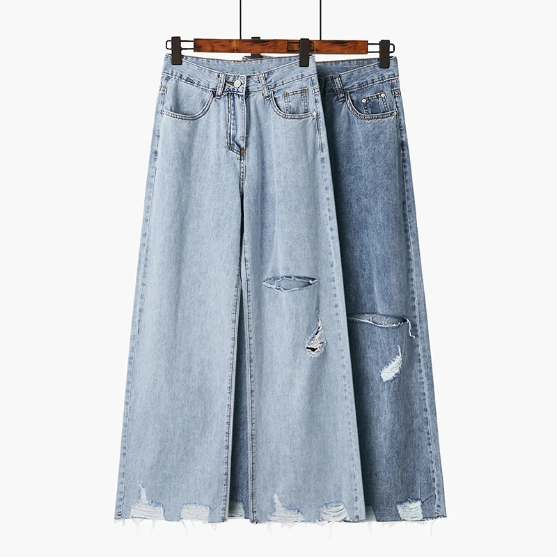 

Women Trousers 2019 Autumn Summer Casual Loose Ripped Hole Jeans High Waist Wide Leg Denim Pants Jeans For Ladies