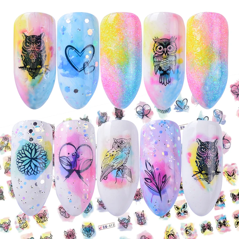 

12 Designs Watercolor Decals Nail Art Sticker Slider DIY Gradient Charms Colorful Manicure Nail Art Water Sticker TRBN409-444