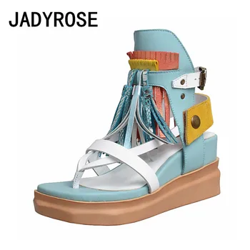 

Bohemian Women Platform Sandals Light Blue Leather Casual Ladies Summer Shoes Fringe Fashion Wedge Sandalias Mujer Zapatillas