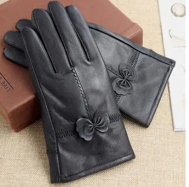 Кожаные перчатки из овчины, качественные женские перчатки из натуральной кожи с бантом, утепленные тонкие - Цвет: black thick