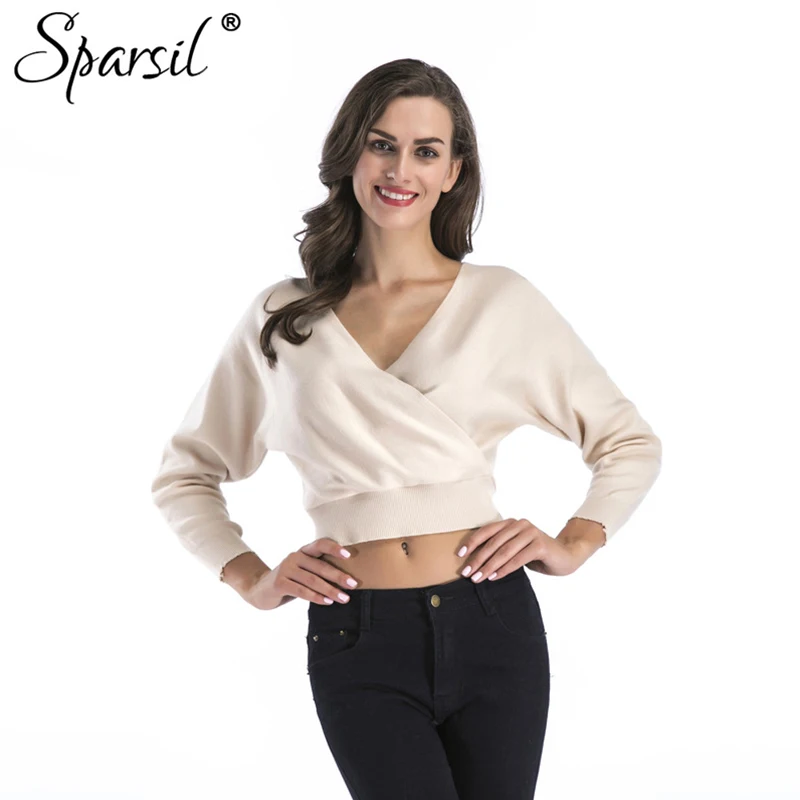 

Sparsil 2018 New Cross Knitting V Neck Loose Style Women Sweater Female Casual Jumper Large Size Fashion Pullover for Women