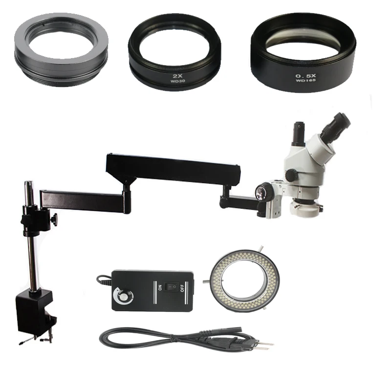 

3.5X-90X Trinocular Articulating Arm Clamp Stereo Microscope +0.5X 2.0X auxiliary objective lens for phone soldering pcb repair