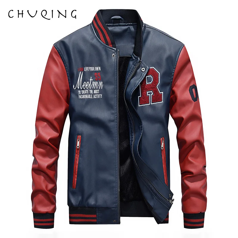 

CHUQING Men's Leather Fashion Baseball Uniform Leather Jacket Men's Motorcycle Leather Jacket Casual Jacket