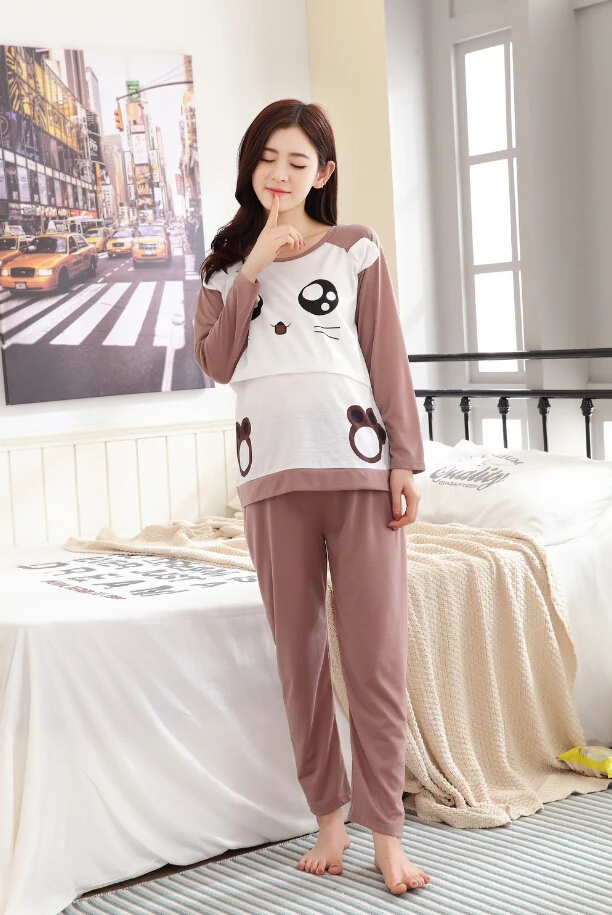 Maternity Clothes Maternity Nightgown Breastfeeding Pregnancy Sleepwear for Pregnant Women Nursing Pajamas Set Bear