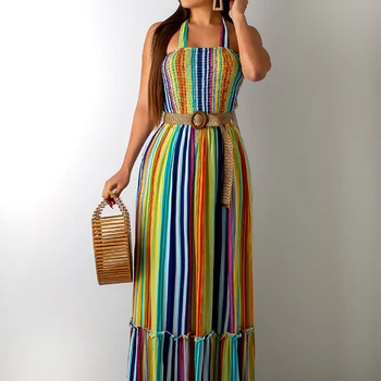 

Colorful Striped Pleated Elegant Long Dress Women Sexy Hollow Out Halter Sashes Party Loose Maxi Dress Summer Vestidos Club 2019