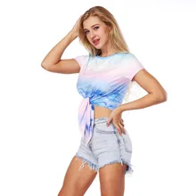 Модная повседневная женская футболка с коротким рукавом, яркий короткий топ с завязками спереди для летних S-L