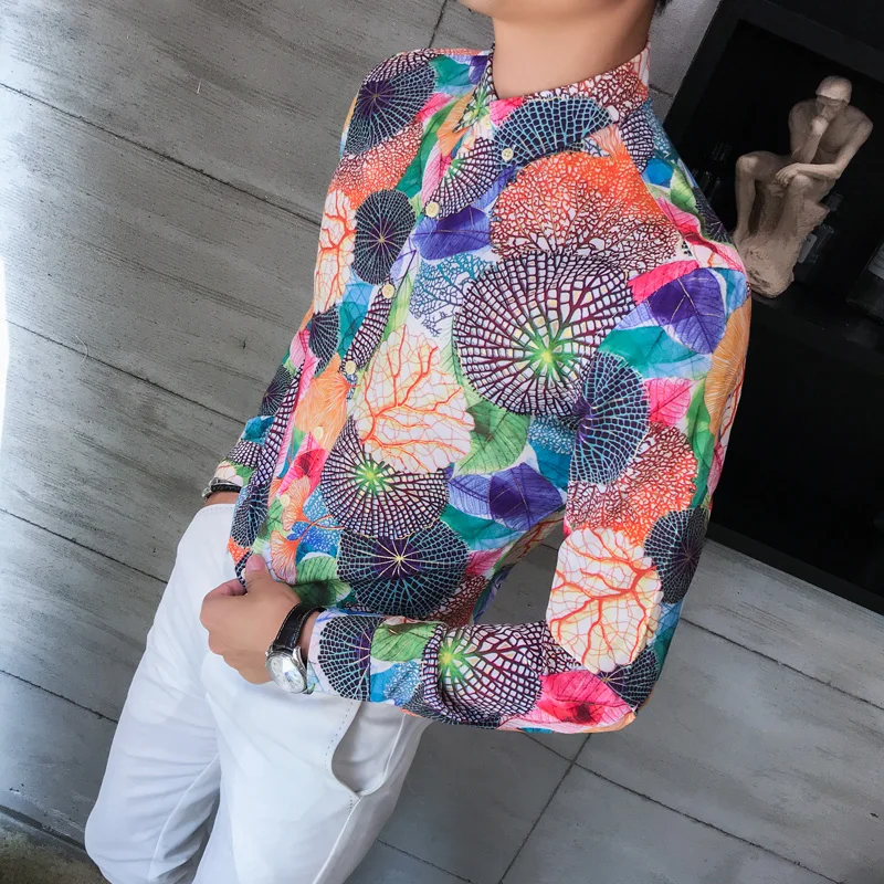 2018 New Casual Shirt Men Long Sleeve Full Color Printing Slim Fit Designs Fancy Shirts Man Comfortable Tendy Streetwear Clothes
