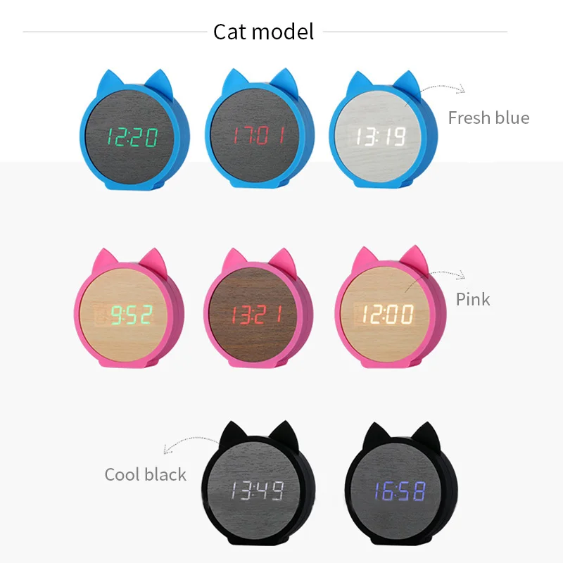 Милый Кот мультфильм силиконовый детский Будильник Деревянные Настольные Часы светодиодный Календарь Голосовое управление цифровой настольный часы детский подарок