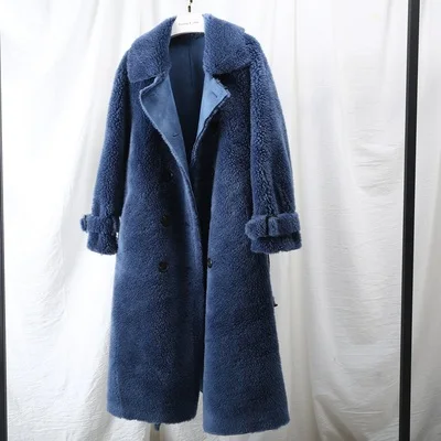 OFTBUY, роскошное зимнее пальто, женские ветровки, Натуральная шерсть, мех ягненка, овчина, искусственная кожа, длинный Тренч, пальто с двойной грудью, куртка - Цвет: Синий