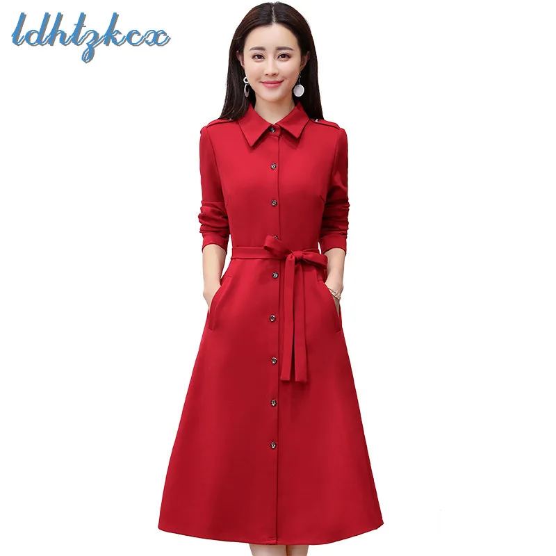 

LDHTZKCX Solid Color Large Size Long-sleeved Knee-Length Dress Women 2018 Autumn-winter New Elegant Ladies Bow Pockets Dress 356