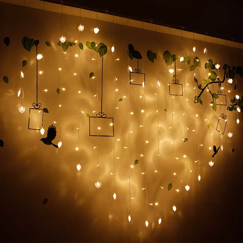 Us 18 89 30 Off Led String Light Heart Curtain Lights 2m Valenteen Christmas Bedroom Window Outdoor Decoration String Lights In Led String From