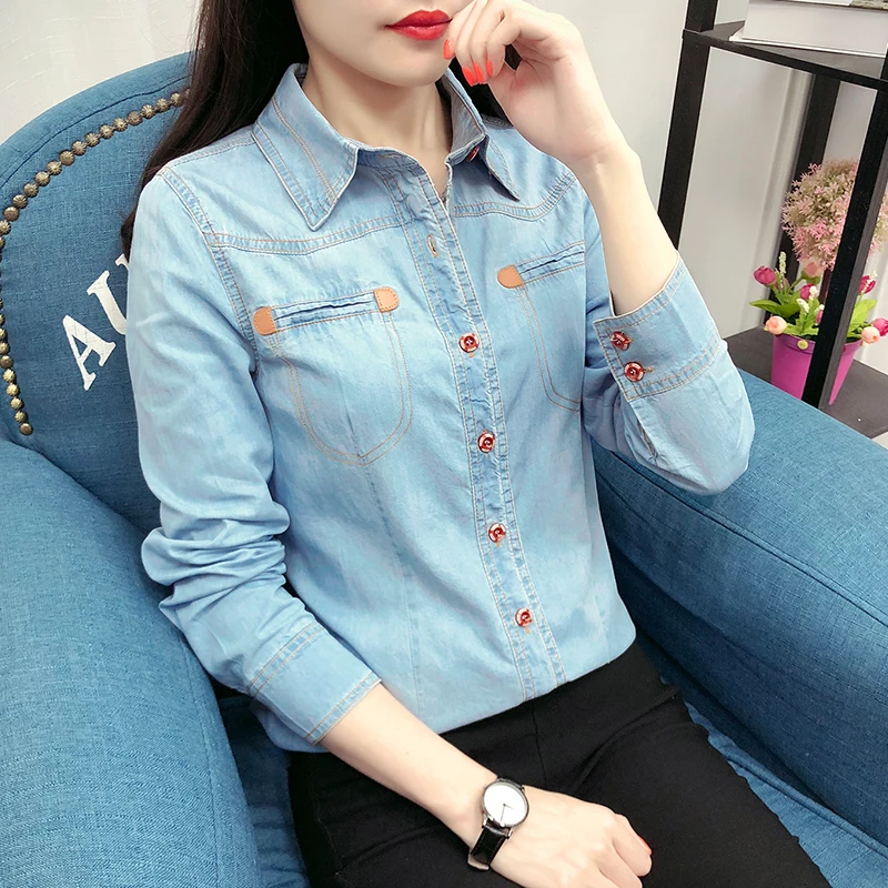 Осенняя повседневная женская джинсовая рубашка с длинным рукавом, большие размеры, блузка с пуговицами и карманами, женская рубашка, женские топы