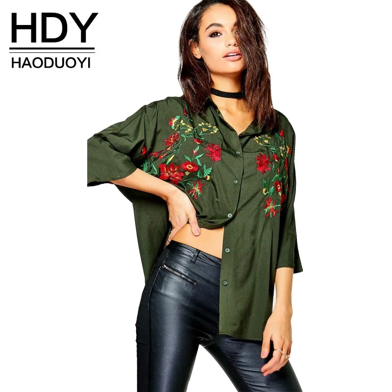 

HDY Women Floral Embroidered Blouse Long Sleeve Floral Blouses 2019 Flower Shirts Femme Army Green Blouse and Tops Plus Size
