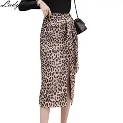 2019 Весенняя замшевая юбка для женщин женские с высокой талией пикантные леопардовым принтом Бандаж с вырезами Вечеринка ПР офисные юбки