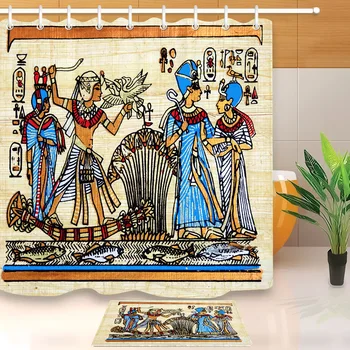 

LB Egyptian Papyrus with Hieroglyph Ceremonial Ornament Shower Curtain With Mat Set Bathroom Waterproof Fabric For Bathtub Decor