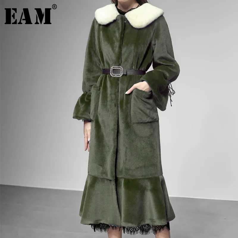 Femme 2019 Long Fourrure Couvert eam Ourlet Vert Amovible Queue Printemps Hiver Le754 Poisson De Blanc Longue Flare Manches Green Couleur Manteau Bouton dtYYfq